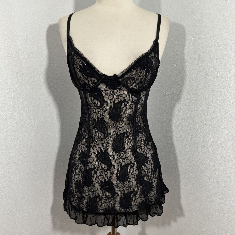 Seven Til‎ Midnight Lingerie Womens Medium Black Lace Sexy Ruffle Fairy Romantic
